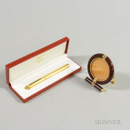 Cartier Enameled Brass Frame and Boxed Gold-washed Pen.