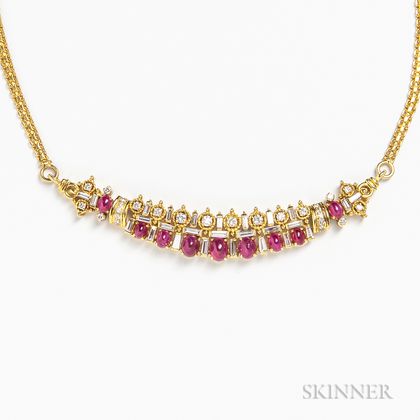 18kt Gold, Diamond, and Ruby Cabochon Necklace