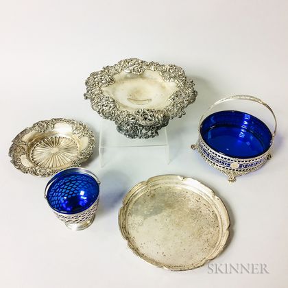 Four Pieces of Sterling Silver Tableware and a Silver-plated Footed Dish