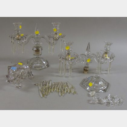 Two Colorless Molded Glass Candelabras and a Colorless Elephant-form Box