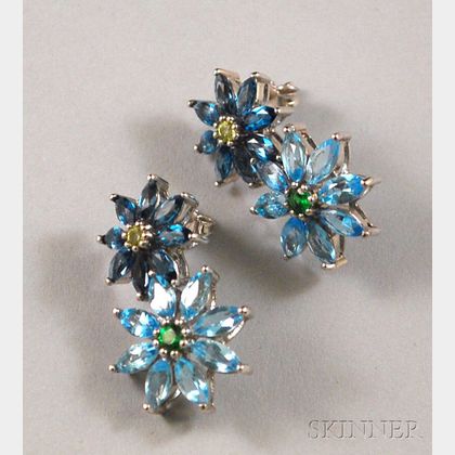 14kt White Gold and Blue Zircon Articulated Flower Earpendants