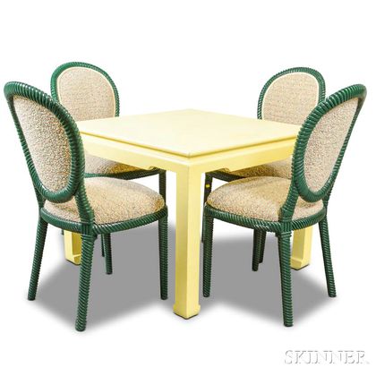 Yellow-painted Table and Four Green-painted Ropetwist Chairs. Estimate $300-500