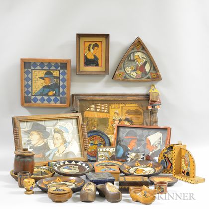 Approximately Twenty-five Pieces of Quimper and Pyrographic Desk Items.