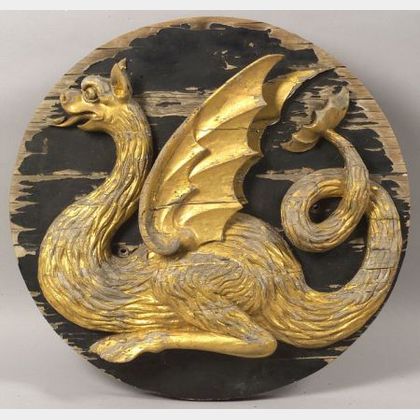 Carved and Gilded Wooden Sea Serpent Figural Medallion