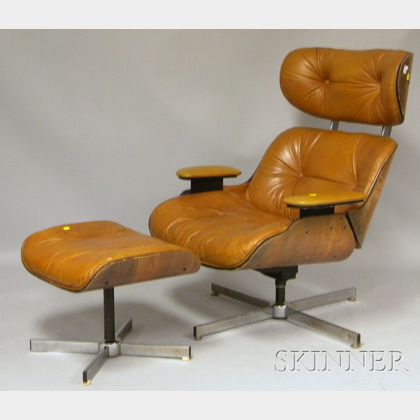Eames-style Naugahyde Upholstered Walnut Laminated Lounge Chair and Ottoman. Estimate $300-500