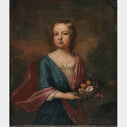 Anglo/American School, 18th Century Portrait of a Young Girl with a Basket of Flowers