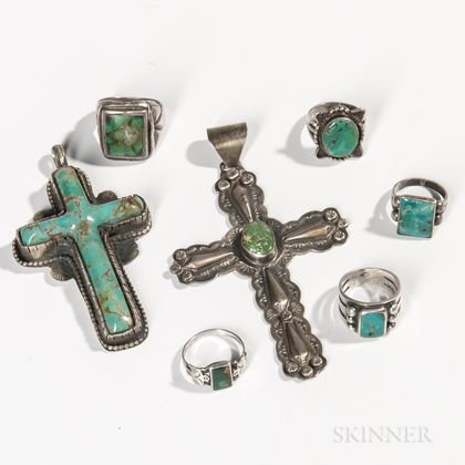 Five Silver and Turquoise Navajo Rings and Two Crosses