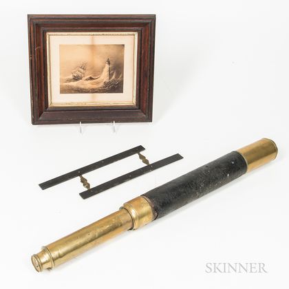 Harris & Son Brass Spyglass, an Ebonized Parallel Ruler, and a Framed Maritime Print. Estimate $20-200