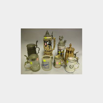 Collection of Eight Stoneware, Glass, Pewter and Ceramic Steins
