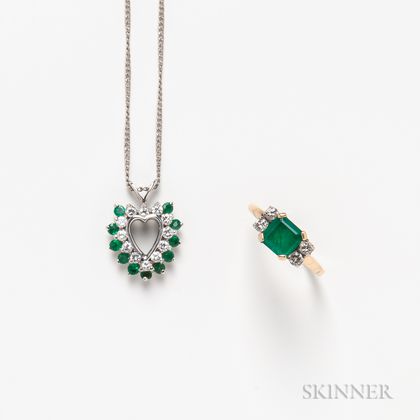 14kt White Gold, Emerald, and Diamond Heart Pendant and a 14kt Gold, Emerald, and Diamond Ring