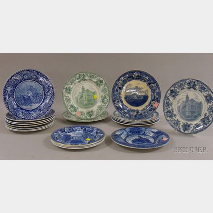 Twenty English Mostly Blue and White Transfer Boston Scenes Decorated Staffordshire Plates