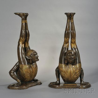Pair of Venetian Parcel-gilt and Carved Wood Blackamoor Acrobat Stands