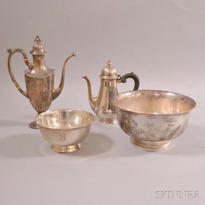 Two Sterling Silver Coffeepots and Two Footed Bowls