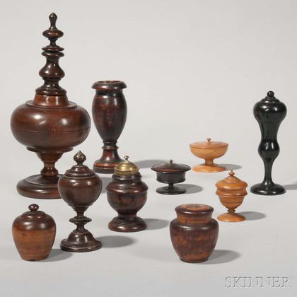 Nine Treen Spice Boxes and a Treen Spill Vase