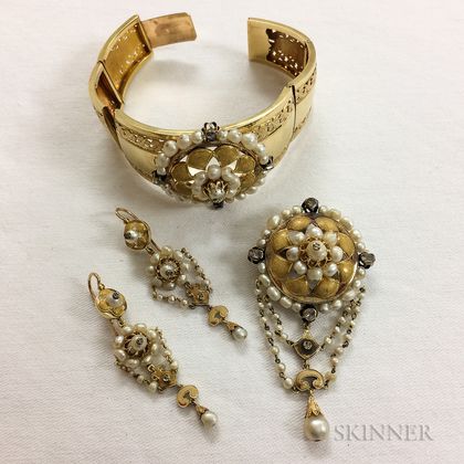 18kt Gold, Pearl, and Rose-cut Diamond Suite
