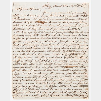 Mount, William Sidney (1807-1868) Autograph Letter Signed, Stony Brook, 31 December 1848.