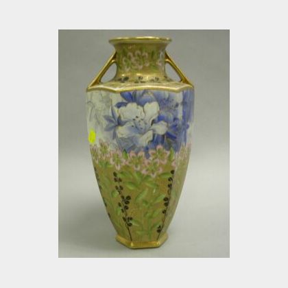 Nippon Handpainted Floral and Gilt Decorated Porcelain Vase. 
