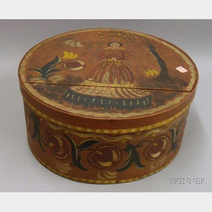 Folk Polychrome Painted Decorated Circular Wooden Lap-sided Bride's Box with Cover