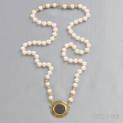 18kt Gold, Cultured Pearl, Diamond, and Constantine I Coin Necklace, Elizabeth Gage