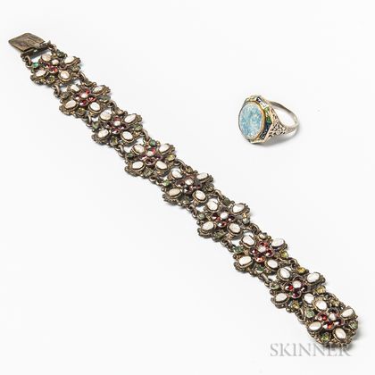 14kt Gold, Enamel, and Opal Ring and an Austro-Hungarian Gem-set and Baroque Pearl Bracelet