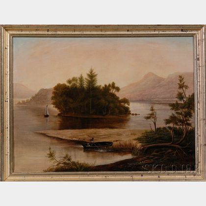 American School, 19th Century Landscape with Figures Poling in a Mountain Lake.