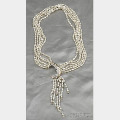 14kt Gold, Sterling Silver, Fresh Water Pearl, and Diamond "Nocturne" Necklace/Brooc