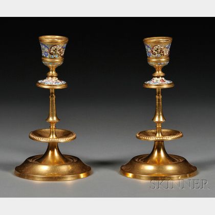 Pair of Champleve and Gilt-metal Candlesticks