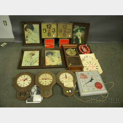 Eight Coca-Cola Plastic Wall Clocks and a Set of Four Plastic Framed Vintage-style Portraits. 