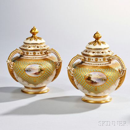 Pair of Jeweled Coalport Porcelain Potpourri Vases and Covers