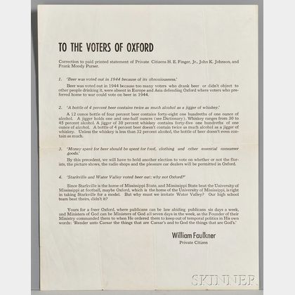 Faulkner, William (1897-1962) Beer Broadside, To the Voters of Oxford.