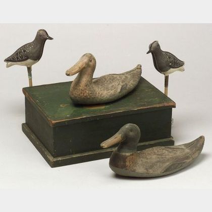 Two Painted Canvas Duck Decoys, a Pair of Painted Tin Bird Decoys, and a Green Painted Wooden Box. 