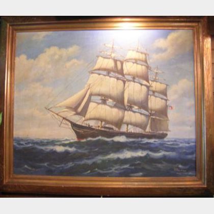 Framed American School Oil on Canvas of a Clipper Ship