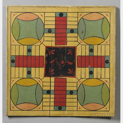 Polychrome Painted Wooden Parcheesi Board