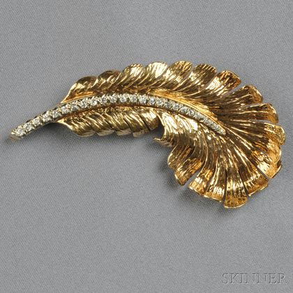 Retro 14kt Gold and Diamond Feather Brooch