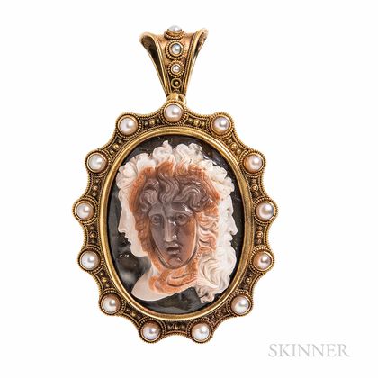 Antique Archaeological Revival Gold and Hardstone Cameo Pendant/Brooch