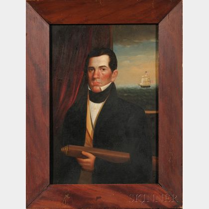 Isaac Sheffield (New London, Connecticut, 1793-1845) Portrait of a Sea Captain with an American Vessel.
