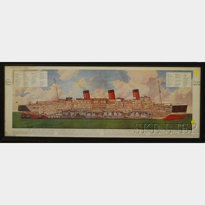 Framed Illustrated London News Mechanical Print Cunard White Star R.M.S. Queen Mary Diagrammatic View