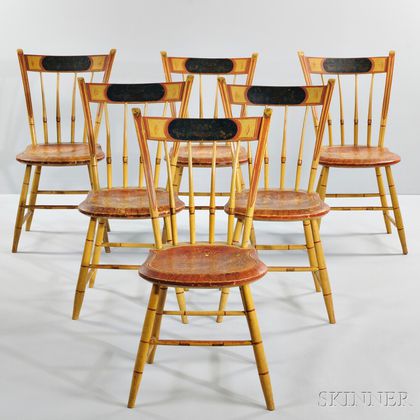 Set of Six Paint-decorated, Bamboo-turned, Thumb-back Chairs