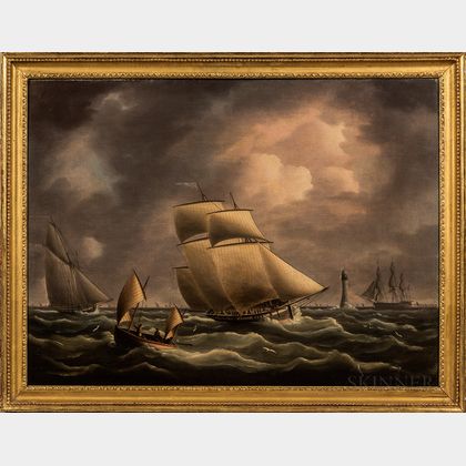 Thomas Buttersworth Jr. (English, 1797-1842) An Armed Customs Cutter Pursuing a Smuggling Lugger off the Eddystone Lighthouse