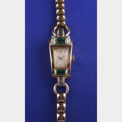Lady&#39;s Retro 14kt Gold, Emerald and Diamond Wristwatch