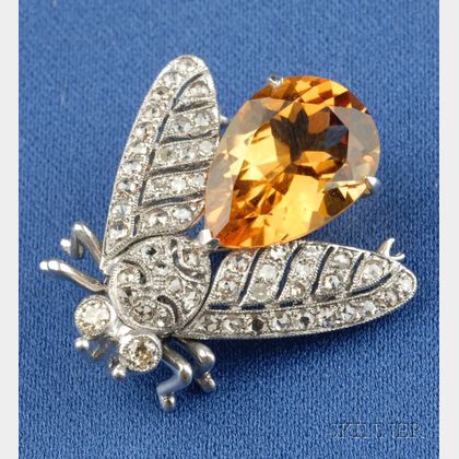 18kt White Gold, Citrine, and Diamond Bee Brooch