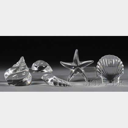 Four Steuben Glass Shells and a Starfish