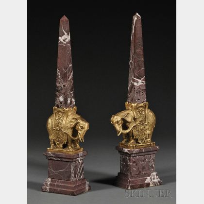 Pair of Rouge Marble and Gilt-metal Elephant Mounted Obelisks
