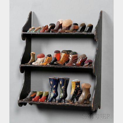 Painted Scroll-end Shelf and a Collection of Victorian Shoe Pincushions