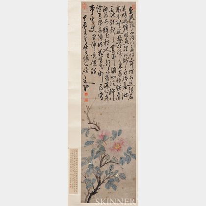 Hanging Scroll Depicting Peonies with Calligraphy