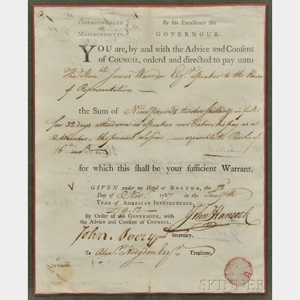 Hancock, John (1737-1793) Signed Document, Boston, 23 November 1787.