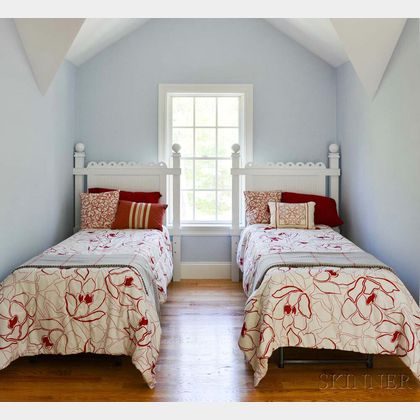Pair of Cottage White-painted Twin Bed Frames with Comforters, Throw Pillows, and Six Accent Cushions
