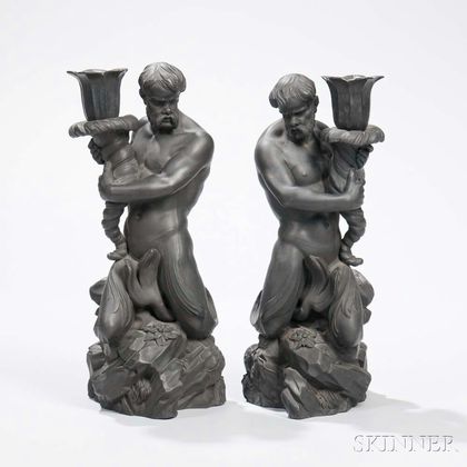 Pair of Wedgwood Black Basalt Triton Figural Candlesticks