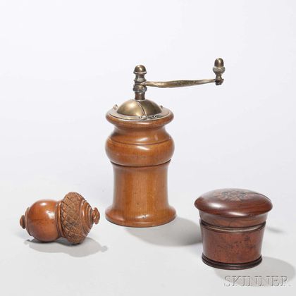 Two Treen Nutmeg Graters and a Spice Grinder