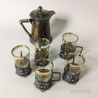 German .800 Silver Teapot and Five Silver-plated and Enameled Tea Glass Sleeves with Glass Inserts